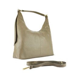RB1017AQ | Bolso bandolera suave para mujer en piel auténtica Made in Italy con asa única y bandolera extraíble. Fijaciones con mosquetones de metal dorado brillante - Color topo - Dimensiones: 36 x 40 x 13 cm