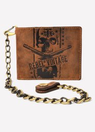  Vintage leather wallet with skull and crossbones design, featuring a rugged, distressed look and a chain strap for added style.