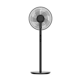 A tall, black pedestal fan with a remote control, LED display, and 5 modes for energy-saving, oscillating, and silent operation. The fan has a 3510m3/h airflow and a timer function.