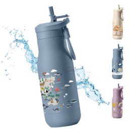 Gourde pour enfants Jenard® en acier inoxydable - bouteille thermos étanche, à double paroi, sans BPA, pour l'école et la maternelle. Bleu/carte du monde avec des animaux