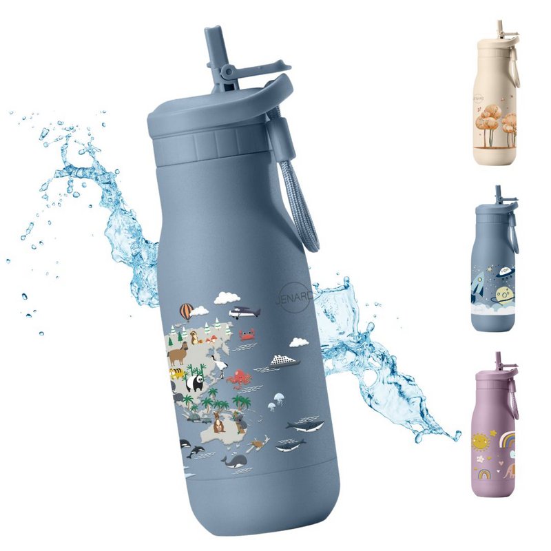 Gourde pour enfants Jenard® en acier inoxydable - bouteille thermos étanche, à double paroi, sans BPA, pour l'école et la maternelle. Bleu/carte du monde avec des animaux