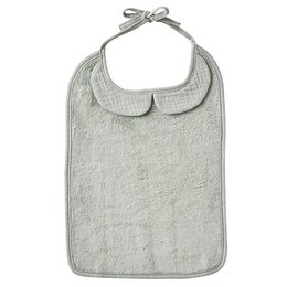 Large bamboo and cotton gauze bib in a verdigris color. Features a classic bib design with a bow tie closure.