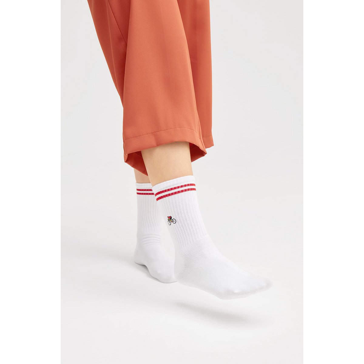 Organic Bicycle Socks - White tennis socks with embroidered cyclist