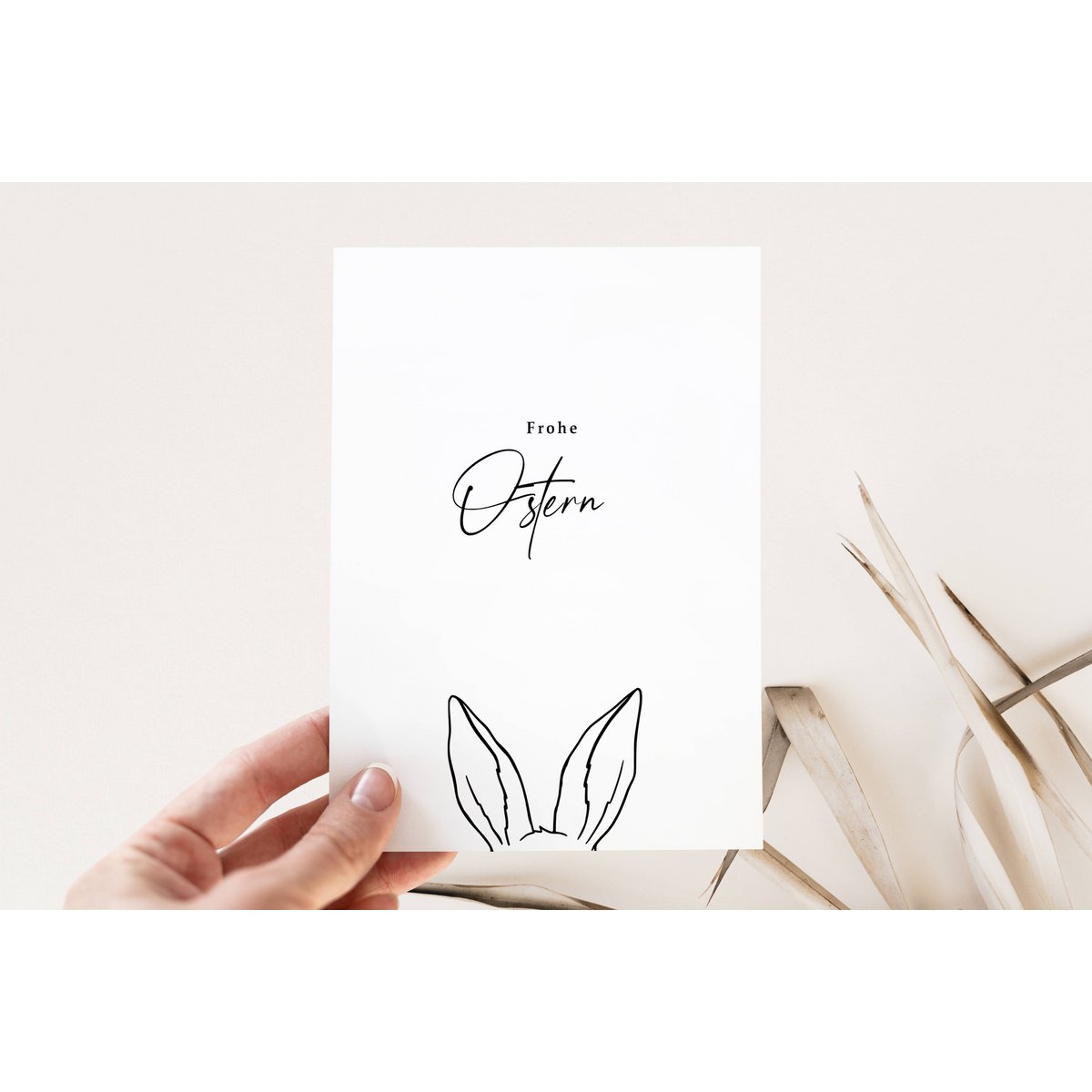 Karta Wielkanocna Deutsch - Frohe Ostern - Bunny uszy, minimalistyczna karta wielkanocna, karta A6