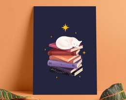 Sleeping cat on a pile of colorful books, with a star in the night sky. Cozy and whimsical illustration for book lovers.