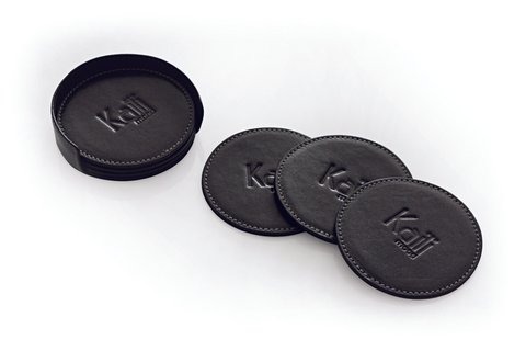 K0007AB | 6-piece coaster set in genuine full-grain leather, smooth. Coaster dimension: ø 9 cm, Coaster holder dimension: ø 9 x 3.0 cm. Packaging: Tnt bag