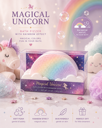 Purple pink rainbow bath fizzer, unicorn themed, magical cloud design, round fizzy bath bomb