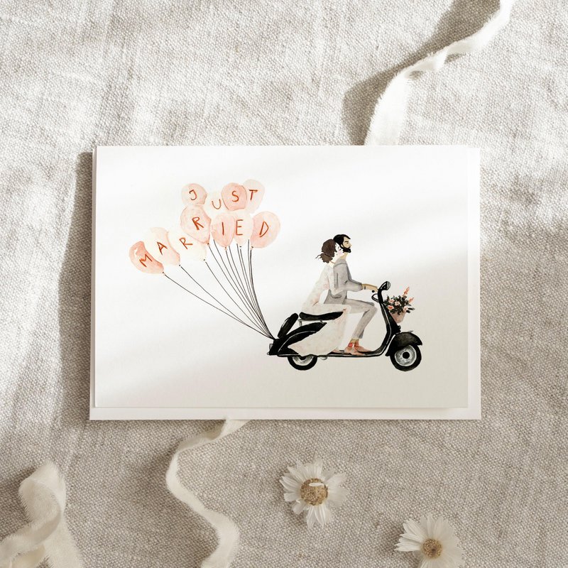 Wenskaart · Bruidsscooter