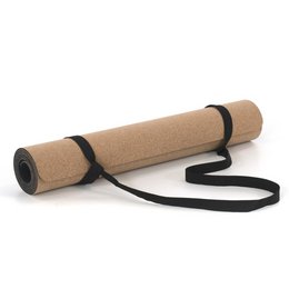 Natural rubber yoga mat with cork surface and carrying strap.