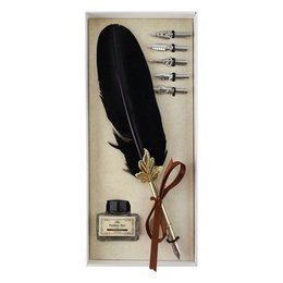 A black feather quill pen set with a white box, including a feather quill pen, ink bottles, and other accessories.