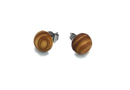  Small round olive wood stud earrings with stainless steel clasp, featuring a natural wood grain pattern and a smooth, spherical shape.