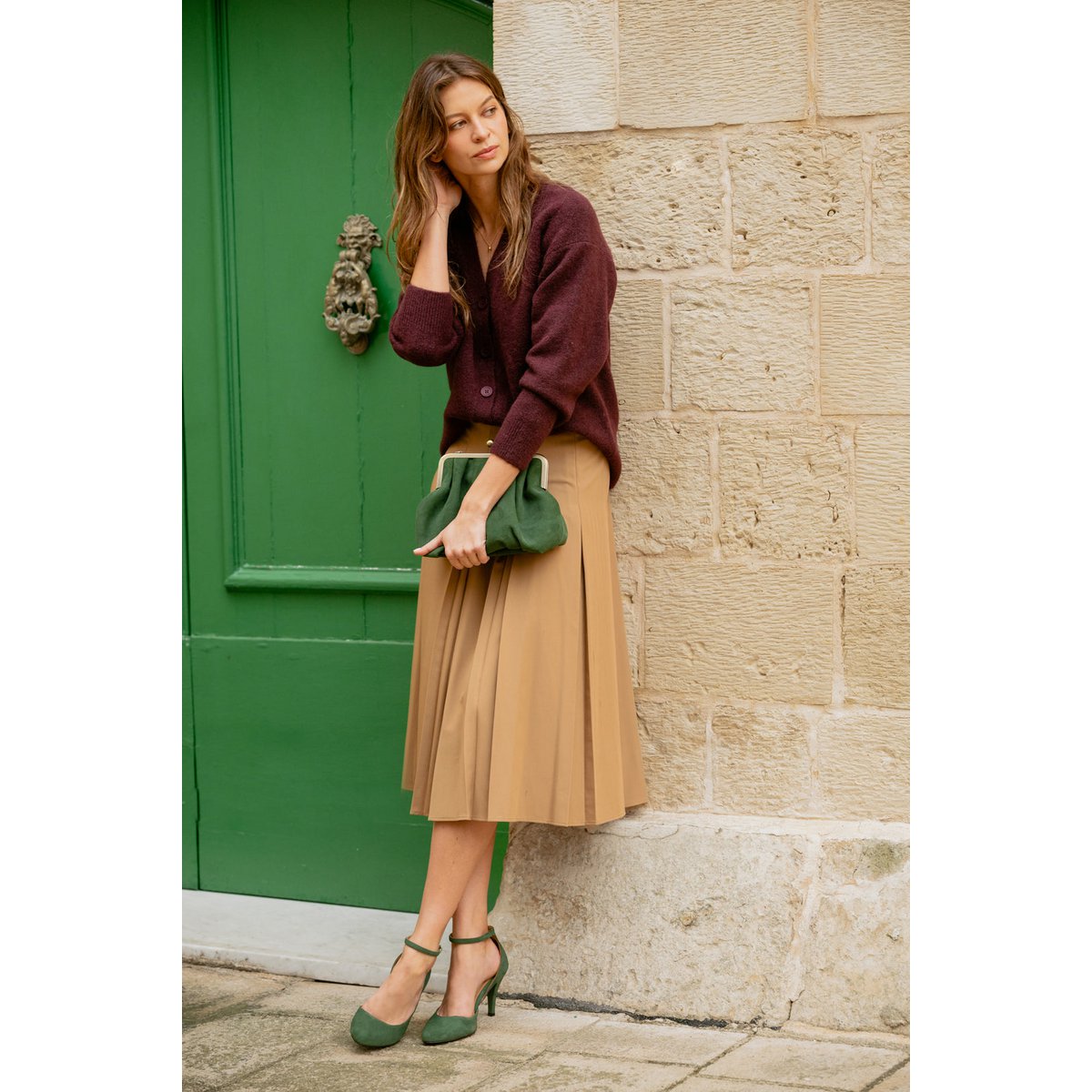 Handgemaakte Suède hakken (8 cm) - Vivienne - Groene Vintage Schoenen 35-42