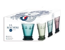 Set of 4 assorted color tumblers in a variety of shades of green and pink. Durable glass construction with a classic design. Suitable for water, juice, or other beverages.