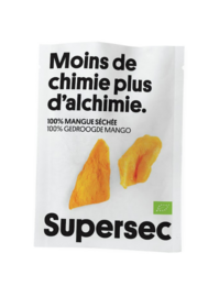 Dried mango snack with no added sugar or preservatives. Rectangular package with bold orange and black text.