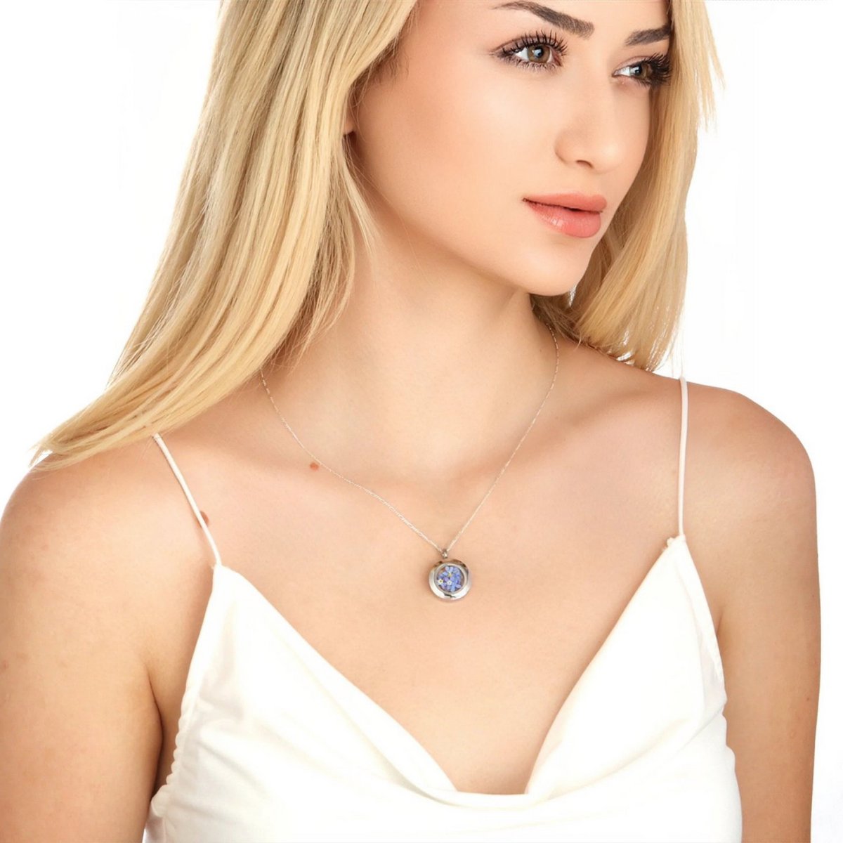 Vergeet-mij-niet bloemenmedaillon - glazen medaillon met echte bloemen 925 sterling zilveren ketting - K925-134