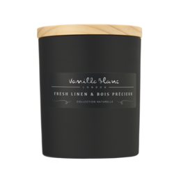 A tall, round black candle with a wooden lid, featuring the "Fresh Linen & Bois Précieux" scent from the Voluspa brand.