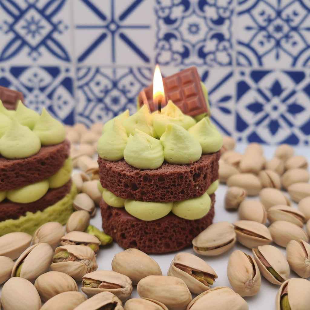 LAVURI DUBAI Chocolate cake candle, 100% handmade scented candle made from soy wax, pistachio cream look on a fluffy cake base