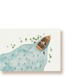 A postcard featuring a small boat floating on a body of water with fish swimming around it.