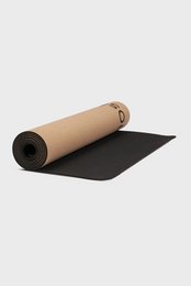 "Natural cork and black rubber yoga mat, cylindrical roll, eco-friendly exercise surface"