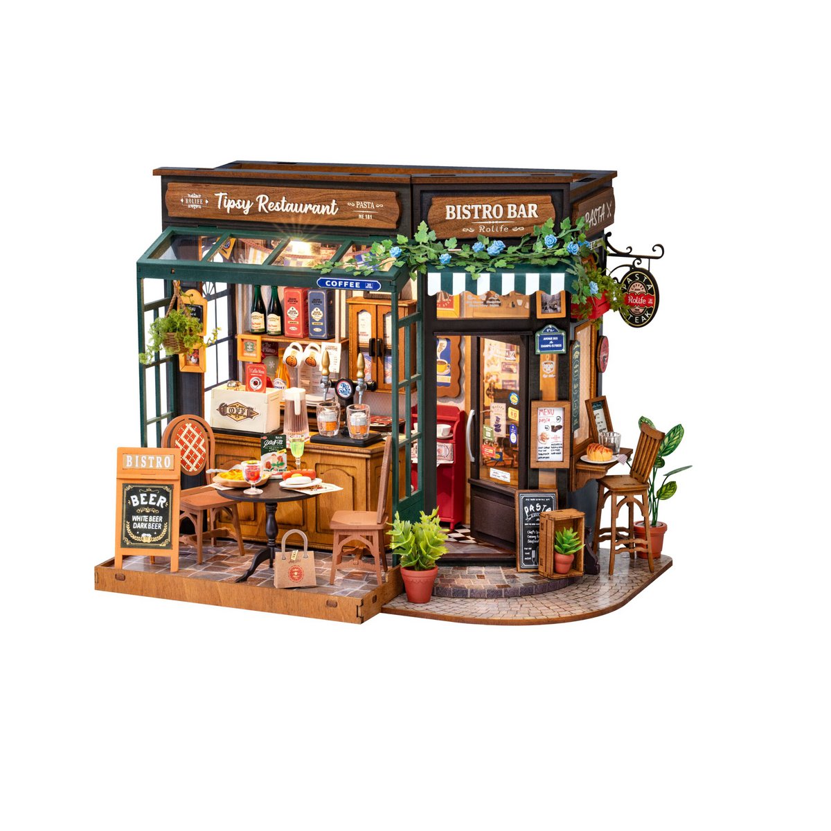 Robotime, DIY Huisje, Tipsy Restaurant with LED lighting, DG167, 18x18x24cm