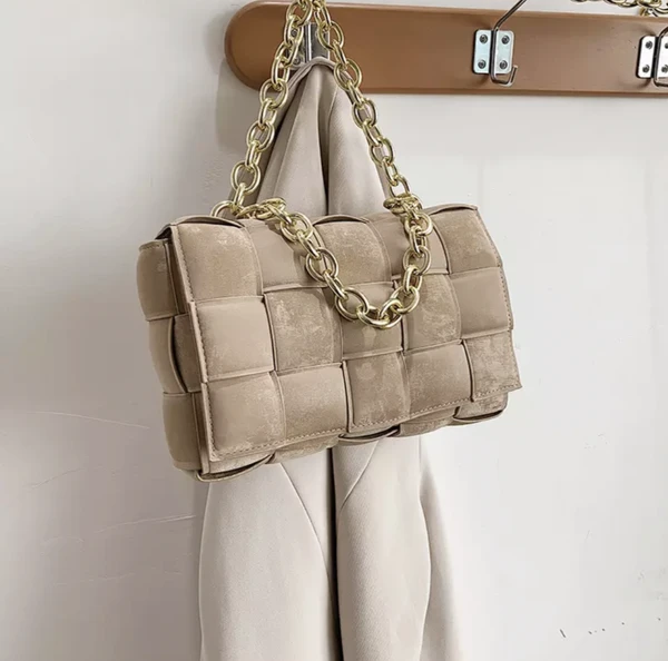 Fløjl tega taske ruskind bas med guld spænde