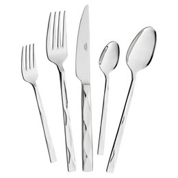 Silver stainless steel cutlery set with forks, knives, spoons. Modern elegant flatware with twisted handles.