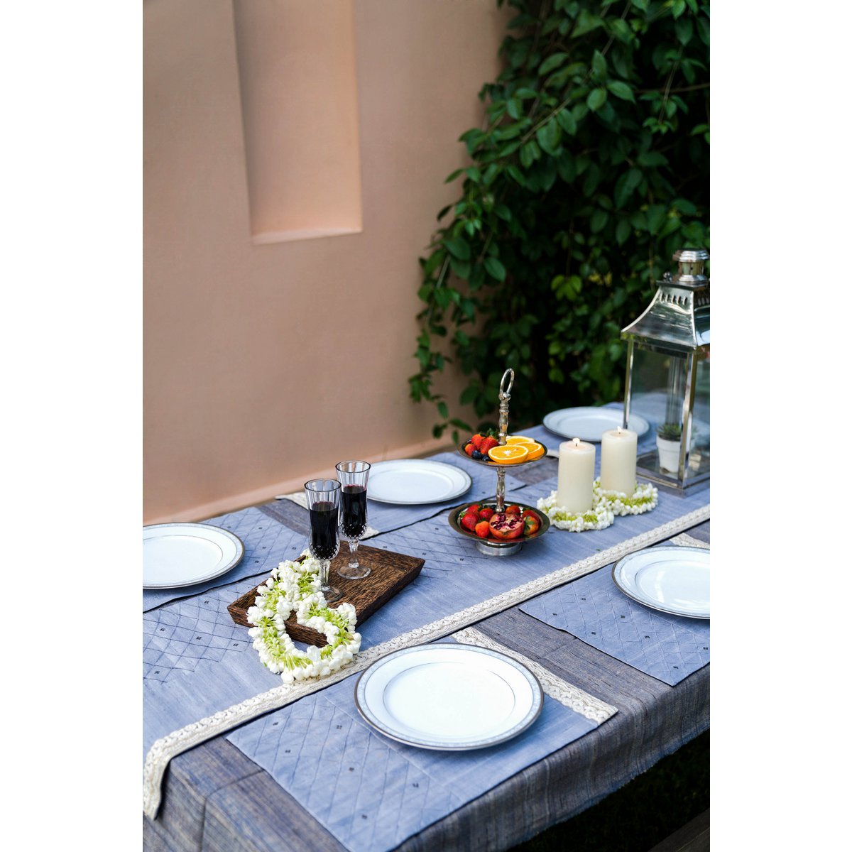 Dupion Silk Hand-Embroidered Table Runner With 6 Table Mats - Blue