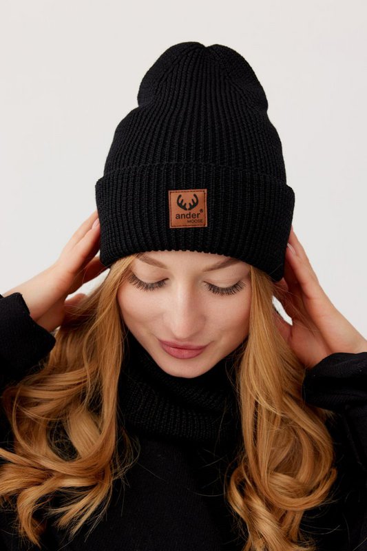 Komplet czapka i komin BRIGID - 100% wełny merino - czarny
