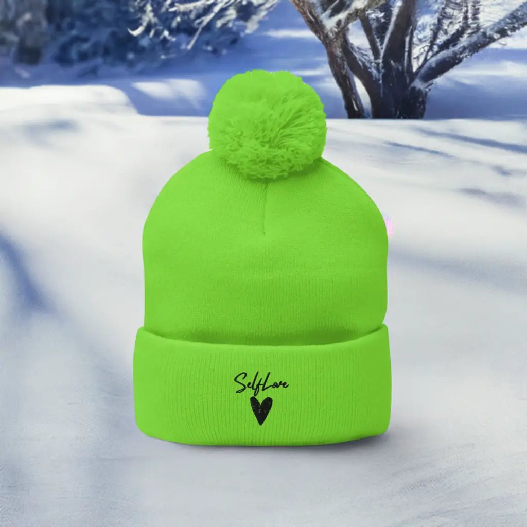 Self Love Pom-Pom Beanie - Women's Beanie with Embroidery