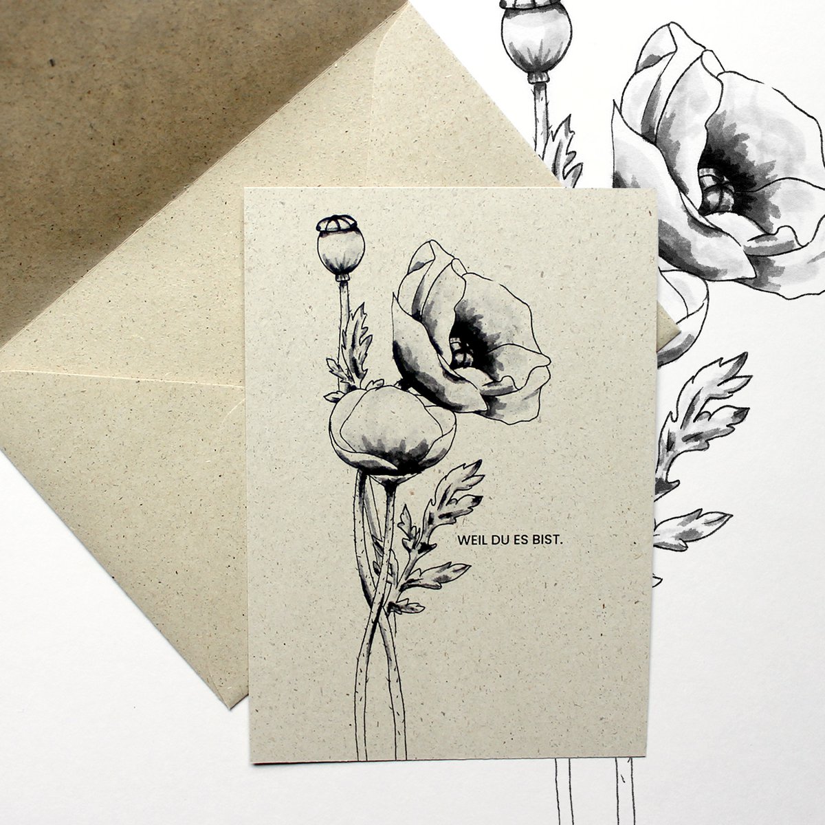Grass paper greeting card, poppies