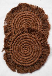  Handwoven macrame cotton coasters, round, brown, boho style, textured, 6 inch diameter, set of 2