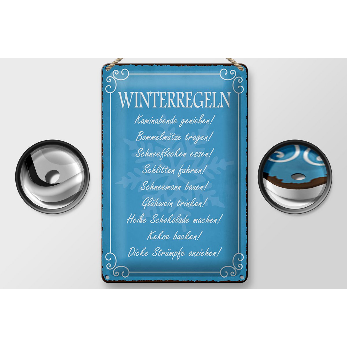 Blikken bord met de tekst 20x30cm Winterregel open haardavonden glühwein