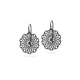 Black filigree earrings with a floral pattern design.