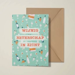 Colorful get well card with wine-themed illustrations and text in Dutch, indicating a speedy recovery.