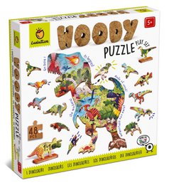 Colorful wooden dinosaur puzzle with various dinosaur shapes and patterns. Suitable for children aged 5 and up. Includes 54 puzzle pieces.