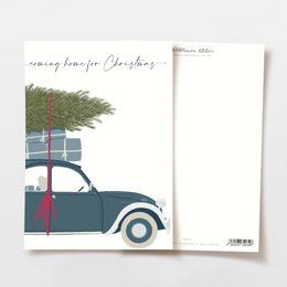 Vintage Christmas postcard with a classic car carrying a Christmas tree and gifts. The postcard is FSC certified, indicating it is made from sustainable forestry materials.