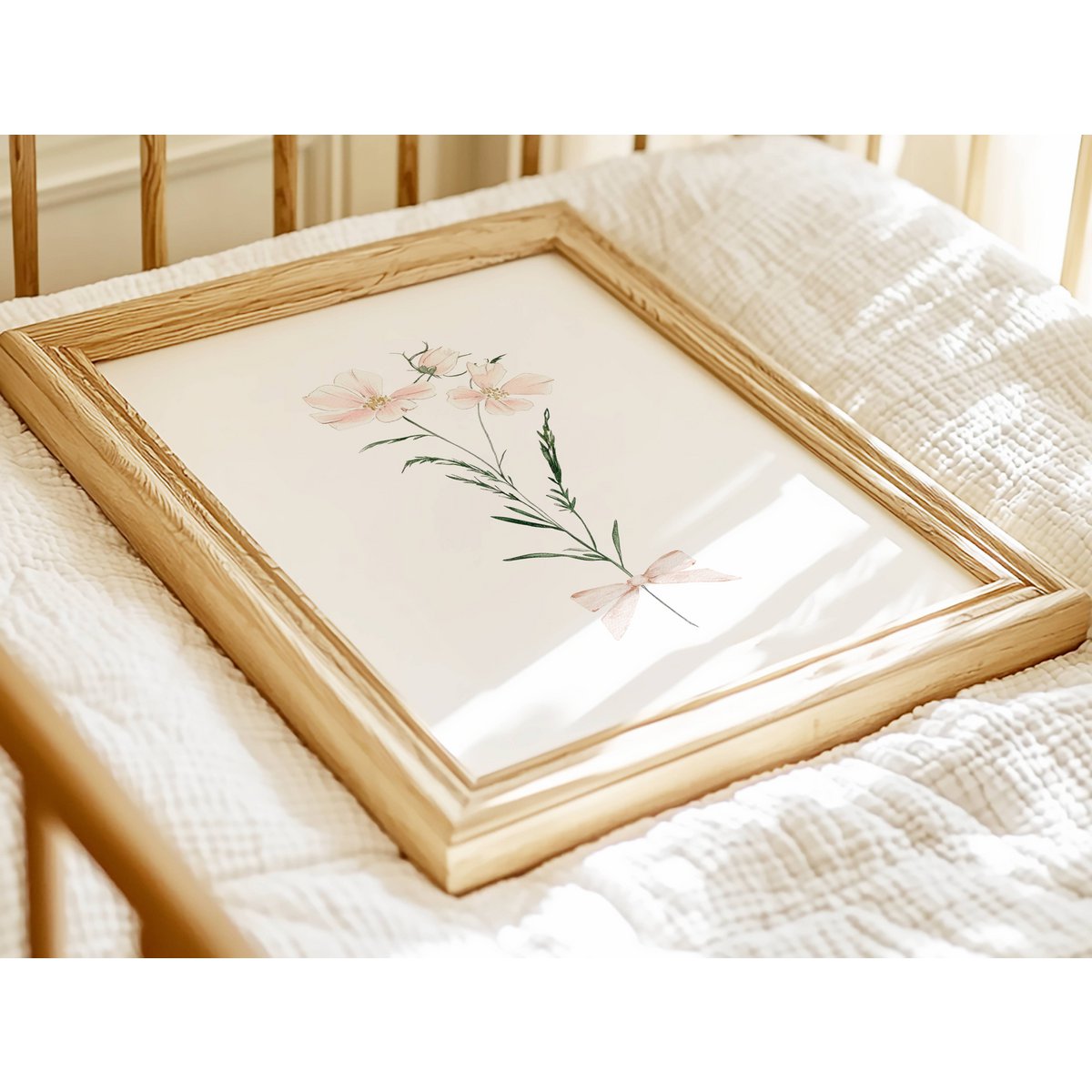 Blush spring flowers with bow, pink wildflowers poster, wildflowers bouquet print, floral nursery print, botanical poster, flower poster, floral nursery print, wildflowers poster, floral nursery poster, peach flowers