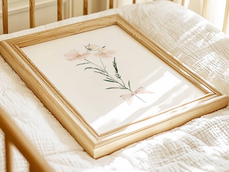 Blush spring flowers with bow, pink wildflowers poster, wildflowers bouquet print, floral nursery print, botanical poster, flower poster, floral nursery print, wildflowers poster, floral nursery poster, peach flowers