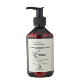 Organic hand and body wash with eucalyptus dives and geranium scents. 300ml bottle with pump dispenser.