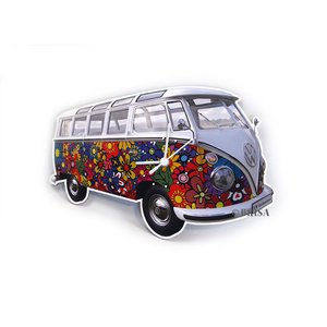 Volkswagen VW T1 Bus Wandklok - Flower Power/Veelkleurig