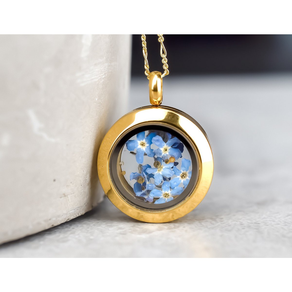 Vergeet-mij-niet-medaillon - glazen hanger echte bloemen 925 sterling vergulde ketting - K925-70