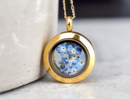 Vergissmeinnicht Medaillon - Glasanhänger Echte Blüten 925 Sterling Vergoldete Kette - K925-70