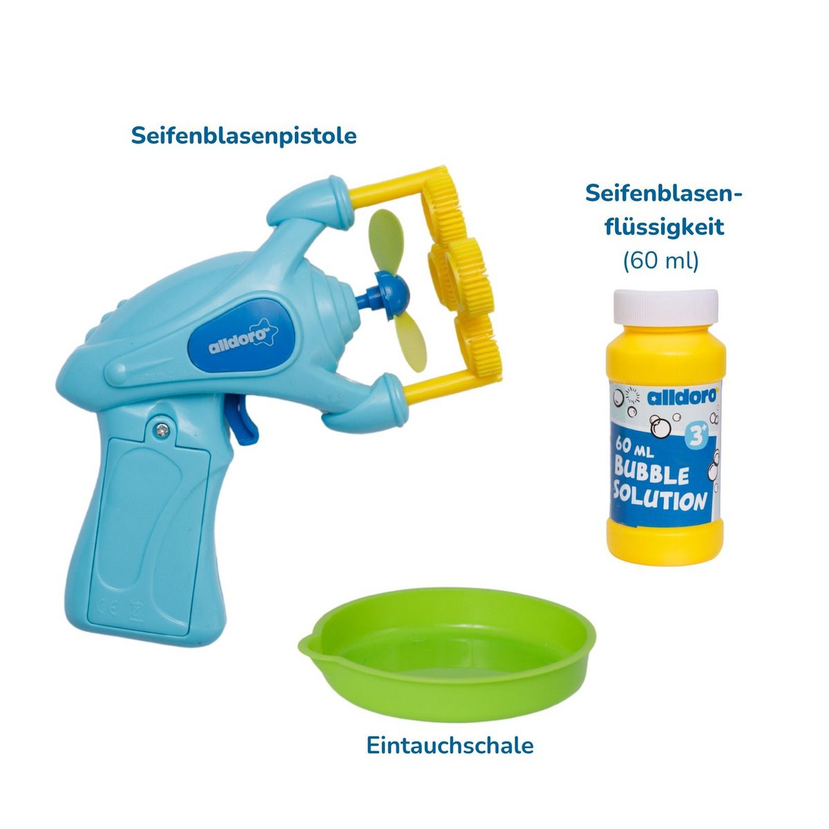 Pistolet do baniek mydlanych ze śmigłem, zawiera płyn do baniek mydlanych 60 ml i miskę, 2 sztuki