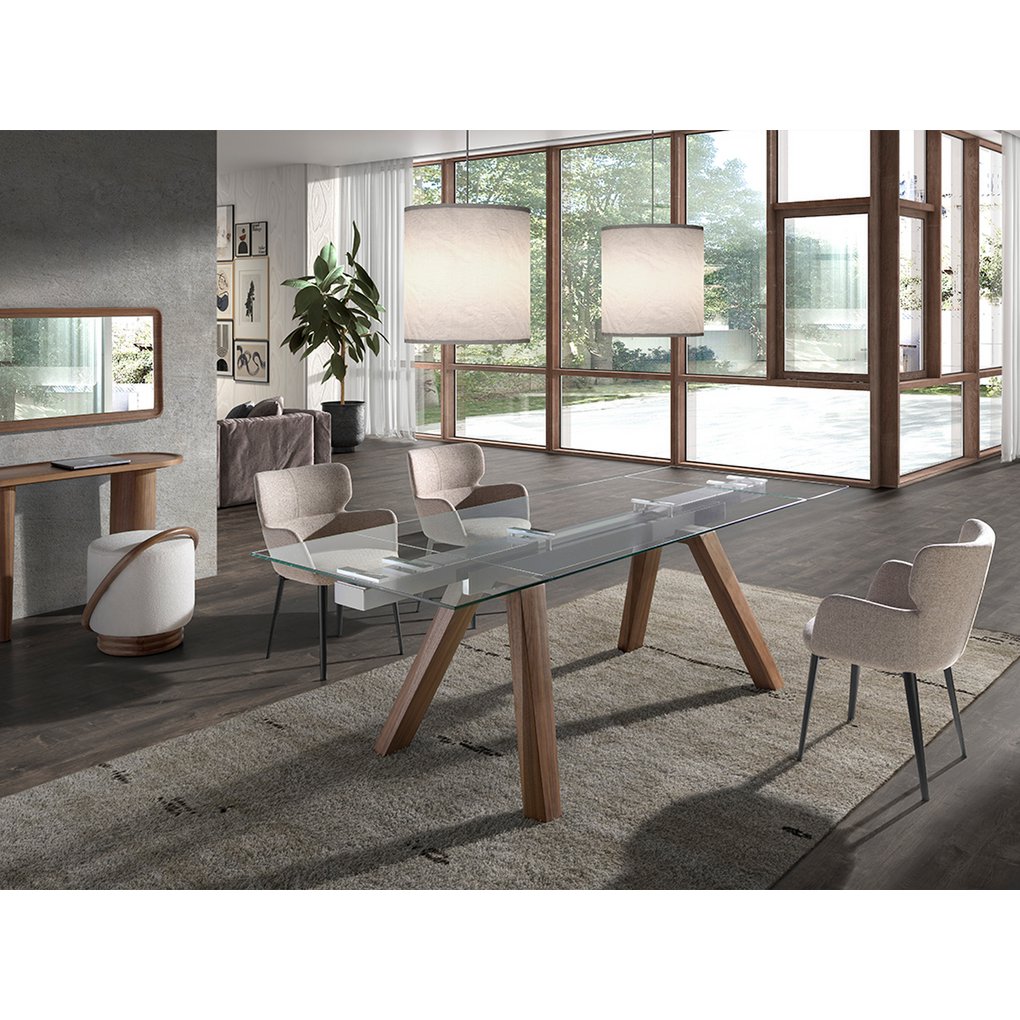 Extendable rectangular tempered glass dining table 1123