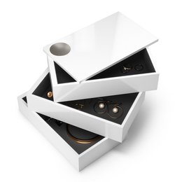 White stackable spindle jewelry storage box with multiple compartments and round knob handle.
