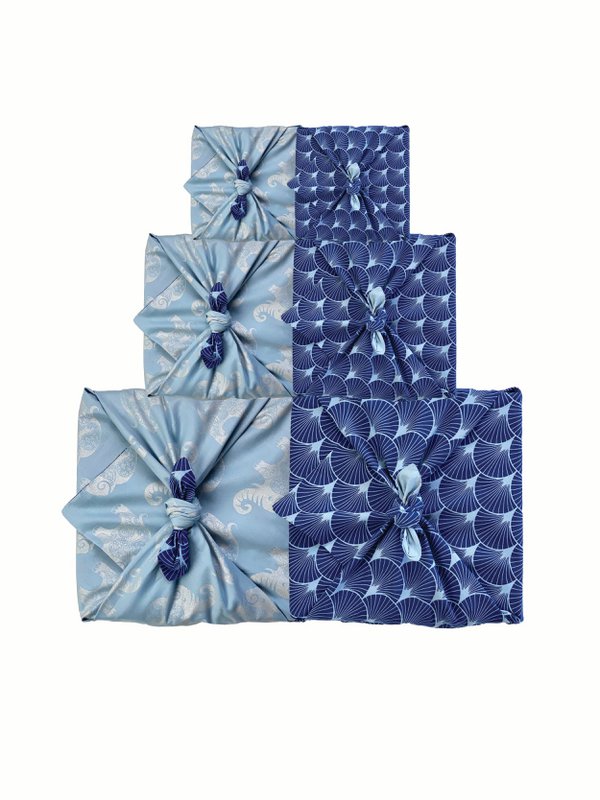 Furoshiki Gift Wrap Sky Elephants & Indigo Fans Envoltura de regalo de tela - Doble cara (Reversible)