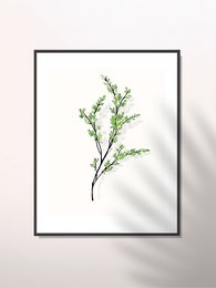 A minimalist wall art print featuring a delicate green branch with leaves. The simple, botanical design would complement a variety of decor styles.
