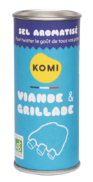 Flavored salt for meat and grill, containing a blend of komi, mango, and garlic seasonings.