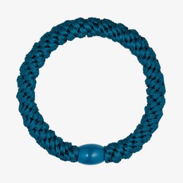 Teal blue braided elastic hair tie with oval bead accent