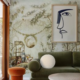 Dark floral botanical wallpaper with colorful flowers, leaves, and greenery. Includes a framed silhouette artwork.